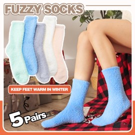 MOGGEI Fuzzy Socks for Women Men Winter Fluffy Warm Thick Cozy Comfy Sleep Super Soft Fluffy Fleece Cabin House Plush Gift Socks Stocking Stuffers 5 Pairs(Green/Blue/Grey/White/Light Orange,L)