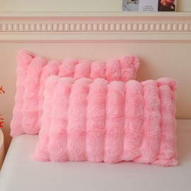 LIFEREVO Pack of 2 Fluffy Faux Rabbit Fur Pillowcases, Elegant Plush Shaggy Bubble Bed Pillow Cases Standard Size with Zipper Closure, Home Decorative Furry Fuzzy Long Pillow Shams 50x75 cm, Pink