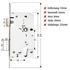 Felgner Profile Cylinder Door Mortice Lock, Lock Case Made of Galvanised Sheet and Stainless Steel Strike Plate, Forend 20 mm, Backset 55 mm, DIN Left and Right, Nut 8 mm, 55 PZ 72/8
