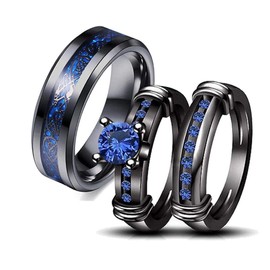 Couple Ring Bridal Set His Hers Black Gold Plated Blue CZ Stainless Steel Wedding Ring Band