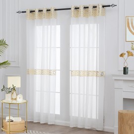 L.Z.E Gold and White Sheer Curtains for Living Room 57 Inch Drop with Eyelet Short Gold Curtains & Drapes for Bedroom Kitchen Bay Windows 145 cm Long Transparent Window Sheers with Tiebacks