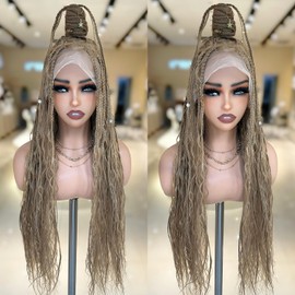 SOKU 360° Transparent Single Full Lace Braided Wigs for Black Women 32 Inch Blonde Boho Box Braid Wigs with Baby Hair Goddess Bohemine Lightweight Glueless Wig