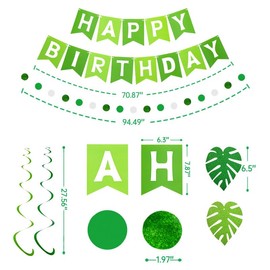 Green Happy Birthday Banner, Happy Birthday Balloons, Paper Circle Garland Swirl Streamers Monstera Leaf for Large Happy Birthday Sign Photo Backdrop Birthday Banner Kit