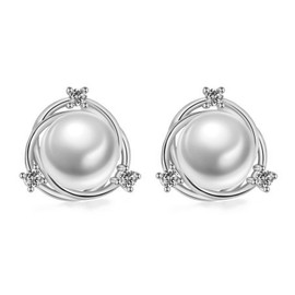 Salanda 925 Sterling Silver Encircle Pearl CZ Stud earrings ,White Pearl Studs Earrings Cubic Zirconia Earrings Studs Female Jewelry Girl Gift, mm, Silver, No Gemstone