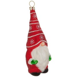 Red Gnome Hollow Glass Christmas Tree Ornament with Cheery Red Jacket, Bright Green Gloves, Red Hat with Snowflakes Details Great Gift Idea