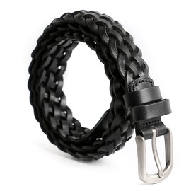 ECHAIN Women Braided Woven Genuine Leather Narrow Belt 25mm Wide, Black 2, waist:35-40