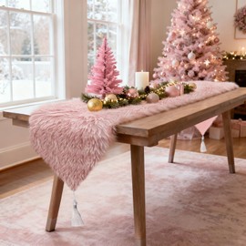 tiosggd Blush Pink Table Runner Triangular End, 72 inch Fluffy Faux Fur Dresser Runners for Bedroom, Coffee Table, Furry Pastel Pink Decorations Wedding Fall Christmas Coquette Room Decor