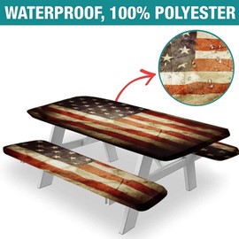 QUCDECIS American Flag Fitted Picnic Table Tablecloth Cover, Stock Photo Old Wooden with Shabby Paint Print, 28x72 Inch Rectangle Table Cover Set for Outdoor, Park, Patio, Turq Use