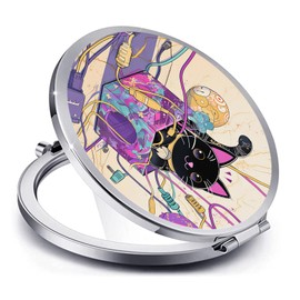 LONNAONE Compact Mirror for Women,Round Mini Pocket Travel Makeup Mirror,Pretty Portable Folding Small Pocket Mirror for Handbag,Purse,Double Sided Handheld Pocket Mirror(Silver Black Cat)