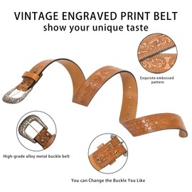 CaySep Adjustable Vintage Western-Belts for Women Men Engraved Buckle-Belts Cowboy-Cowgirl-Belt Waist for 74 to 94cm waist