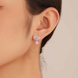 Inilbran Boho Rhinestone Bow Earrings Silver Crystal Bow Earrings Vintage Pink Crystal Earrings Bling Cz Paved Bow Knot Earrings Jewelry for Women and Girls