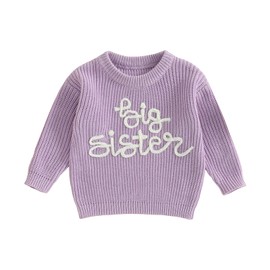 vchoohce Toddler Baby Girl Knit Sweater Big Sister Matching Outfit Long Sleeve Pullover Sweatshirt Warm Fall Winter Clothes (A-Purple, 12-18 Months)