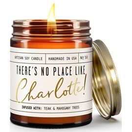 Charlotte Gifts, Charlotte Decor for Home - 'There's No Place Like Charlotte Candle, w/Mahogany & Teakwood I Charlotte Souvenirs I 9oz Jar, 50Hr Burn, Made in USA