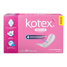 Kotex regular Sin Alas, Toalla Femenina, Paquete 60 Toallas, Ideal para Flujo Abundante