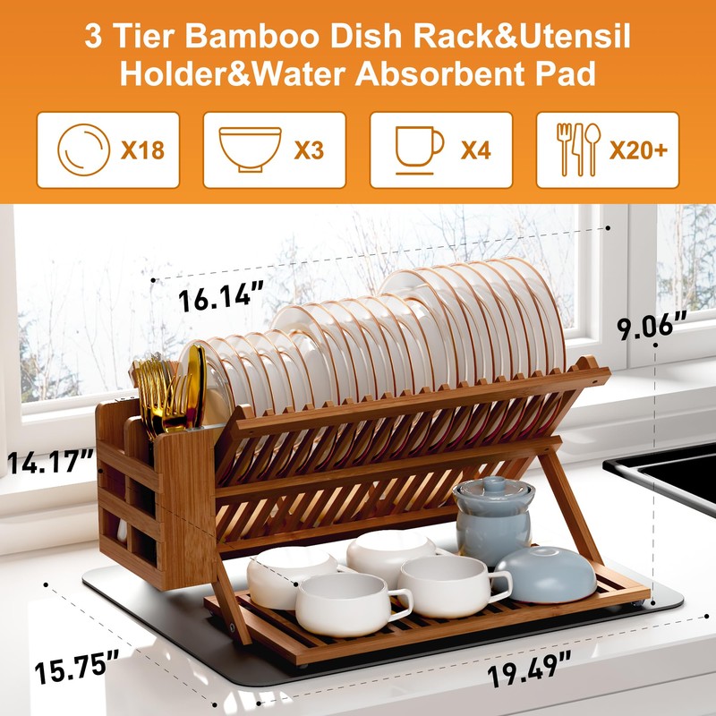 Greenual Teak Dish Drying Rack with Utensil Holder, 3 Tier