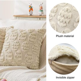 Easter Throw Pillow Covers, Easter Decorations for Home, 18x18 in Soft Plush Faux Fur Jacquard Spring Pillows Cover Set of 2 for Sofa Holiday Festivals Home Decor (Beige Eggs)