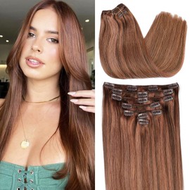 ORIGEN Clip in Hair Extensions Real Remy Human Hair Balayage Dark Brown Mixed Chestnut Highlights Hair Extensions for Women 80g 7 Pcs 14 Inches