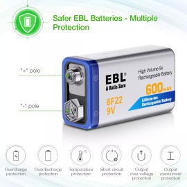 EBL 2x 9V Batteries 600mAh Rechargeable Li-ion Batteries + 9V AA Battery Charger