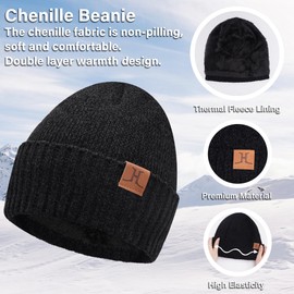 ZASFOU Women's Men's Winter Hat Scarf Touchscreen Gloves Set Thermal Chenille Beanie Winter Hat Loop Scarf Winter Gloves Gift for Men Women, black