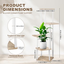 YOCOMEY 5 Tier Wood Tall Plant Stand Metal Rack Indoor, Multiple Flower Pot Holder Shelves Corner Rack, Planter Shelf Display Rack Storage Organizer for Patio Living Room Balcony Garden(White Oak)
