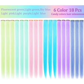 JCHDWSGUO Pack of 18 Coloured Hair Extensions, 21 Inches, Heat-Resistant, Synthetic, Straight Hair Extensions, Clip in Girls, Women, Holiday Party Hair Highlights (Multi