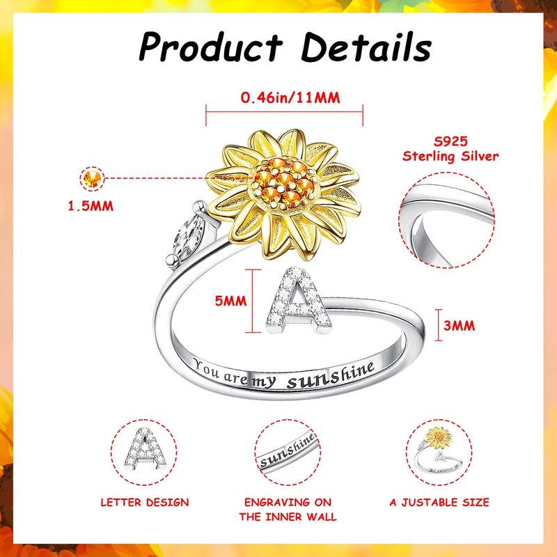 Kucheed Fidget Ring for Women, Sunflower, Adjustable Spinner Ring, Silver