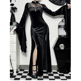 LANSHULAN Long Flare Sleeve Dress Lace Cutout Black Split Goth Vintage Dress Clothes