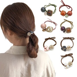 RICISUNG Hair Elastic Hair Rubber Set of 7 Hair Ornaments Stylish Cute Fashion Amber Accessory Eternity Flower Pearl Rubber Rubber Rubber Band Simple Adult