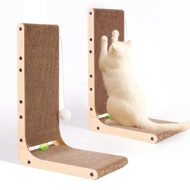 L-Shaped Cardboard Cat Scratcher 2-Pack 23.6 Inch Board with Ball Cat Toy, Wall-Mountable Furniture Protector Cat Scratchers for Indoor Cats, Couch & Wall (Light Brown, 2 PCS)