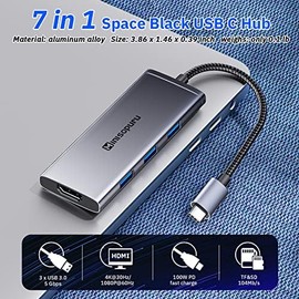 Minisopuru Base USB C, adaptador multipuerto 7 en 1 USB C Hub con HDMI 4K, 3X USB 3.0, entrega de energía de 100W, lector de tarjetas SDTF, adaptador