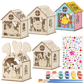 BOFUNX 5 Pieces Easter Wooden House Crafts Children Wooden Easter Craft Set for Crafts and Painting Easter Home Decoration Table Decoration for Easter DIY Children Gift