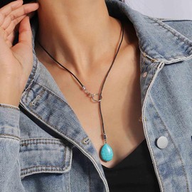 Cimenexe Bohemian Turquoise Leather Y Lariat Necklace Blue Turquoise Stone Pendant Necklace Black Wax Rope Turquoise Choker Necklace Leather Cord Circle Y Necklace Jewellery for Women and Girls Gifts,