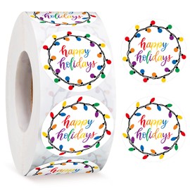 Epakh 1000 Pcs 1.5 Inch Happy Holiday Stickers Christmas Sticker for Envelopes Circle Label Holiday Lights Sticker Round Xmas Tag Envelope Seal Decals for Christmas Greeting Card (Colorful)