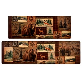 ASPMIZ Rustic Kitchen Runner Rugs Non Slip Set of 2, Waterproof Farmhouse Lodge Bear Moose Deer Anti Fatigue Mats for Kitchen Floor Brown, Washable Kitchen Rug for Floor, 18'' x 60'' + 18'' x 48''