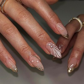 Sparkly 3D Shells Press on Nails 3D Gold Curve Line False Nails Ocean Gel Glue on Nails Glossy Pink Glitter Acrylic Fake Nails French Tips Stick on Medium Almond Nail for Coquette Women Girls 24Pcs