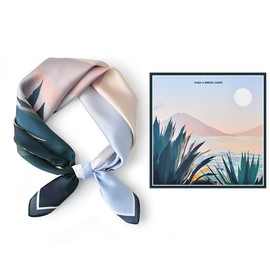 GIMIRO Imitation Silk Scarf [53 x 53 cm] Square Scarves Impressionism Pattern Vintage Scarf for Office Work or Casual Waistband, Green-Moon at River