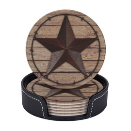 6 Pcs Western Metal Texas Brown Star Leather Coasters for Drinks with Holder Coaster Sets Drink Table Cup Coasters for Living Room Kitchen Coffee Decor