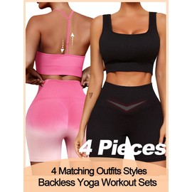 Workout Outfits Sets for Women 4 piece Seamless Backless Tank Sport Bra High Waist Short Yoga Gym Matching Active Set