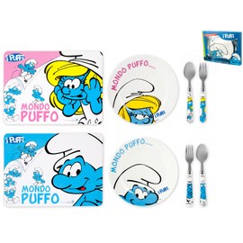Home Smurfs Set of 4 Coloured Melamine Plate with 2 Cutlery Pieces
