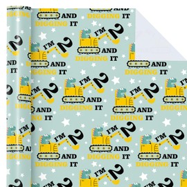 WRAPAHOLIC 2nd Birthday Wrapping Paper Roll - Mini Roll - 17 Inch x 33 Feet - Adorable Dinosaurs Construction Design, Perfect for Kids Boys Birthday, Baby Shower