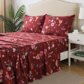 FADFAY Red Rose Sheets Set King Vintage Rose Floral Bedding Chic Rose Flower Bed Sheets Shabby Farmhouse Bedding 100% Percale Egyptian Cotton 800 Thread Count Deep Pocket Fitted Sheet 4Pcs, King Size