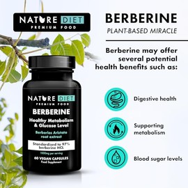 Nature Diet Nature Diet Berberine - 1000mg Berberine HCL per Serving - 60 Vegan Capsules - Supports Metabolism & Glucose Levels