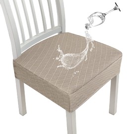 JUNZHE Diamond Grid Waterproof Chair Seat Covers for Dining Room Chairs, Stretch Dining Room Kitchen Chair Covers, Removable Washable Chair Seat Cushion Slipcovers (Khaki, 2 Covers)