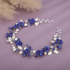 Denifery Bridal Wedding Hair Vine Headband Silver Crystal Leaf Hair Pieces Handmade Rhinestone Headpiece Hair Accessories for Women Bride Girls (Deep Blue)