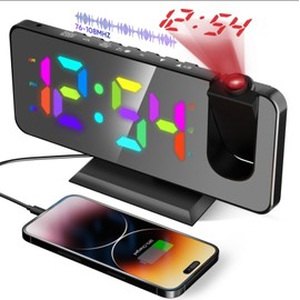 TAKRINK Clock Radio Alarm Clocks for Bedrooms, 7.4 in Digital Mirror Clocks, with 180° Rotatable Projector, USB Charger, RGB Night Light, Auto Dimmer, Snooze, FM Radio/Sleep Timer, Dual Alarms