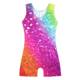 HOZIY Leotard for Girls Gymnastics with Shorts Rainbow Glitter Size 8-9 9-10 8-10 Years Multicolored Colorful Kids Leo Scrunchies Outfits