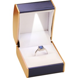 LED Ring Jewelry Gift Box for Proposal, Engagement, Wedding Luxury PU Leather Dome Top with Gold Color Painting on the Sides Ring Jewellery Gift Holder Box with Light for Women for Men