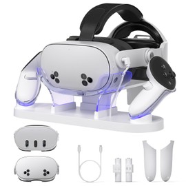 Kuject Charging Dock for Quest 3 & Quest 3s, Fast Charging Station with Head Strap Support Bracket for Meta VR Headset and Controllers, Charging Stand Accessories with 2 Rechargeable Batteries