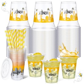 Umigy 100 Pack Honey Bee Plastic Disposable Cups with Lids and Straws 12 oz Disposable Cups for Juice Water Coffee Summer Party Sports Party Supplies(Bee)