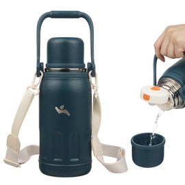 Insulated Water Bottle with Handle and Strap,Vacuum Travel Tumbler with Cup Lid,Thermo Coffee Cup for Hot Cold Drinks 27 OZ,Navy Blue